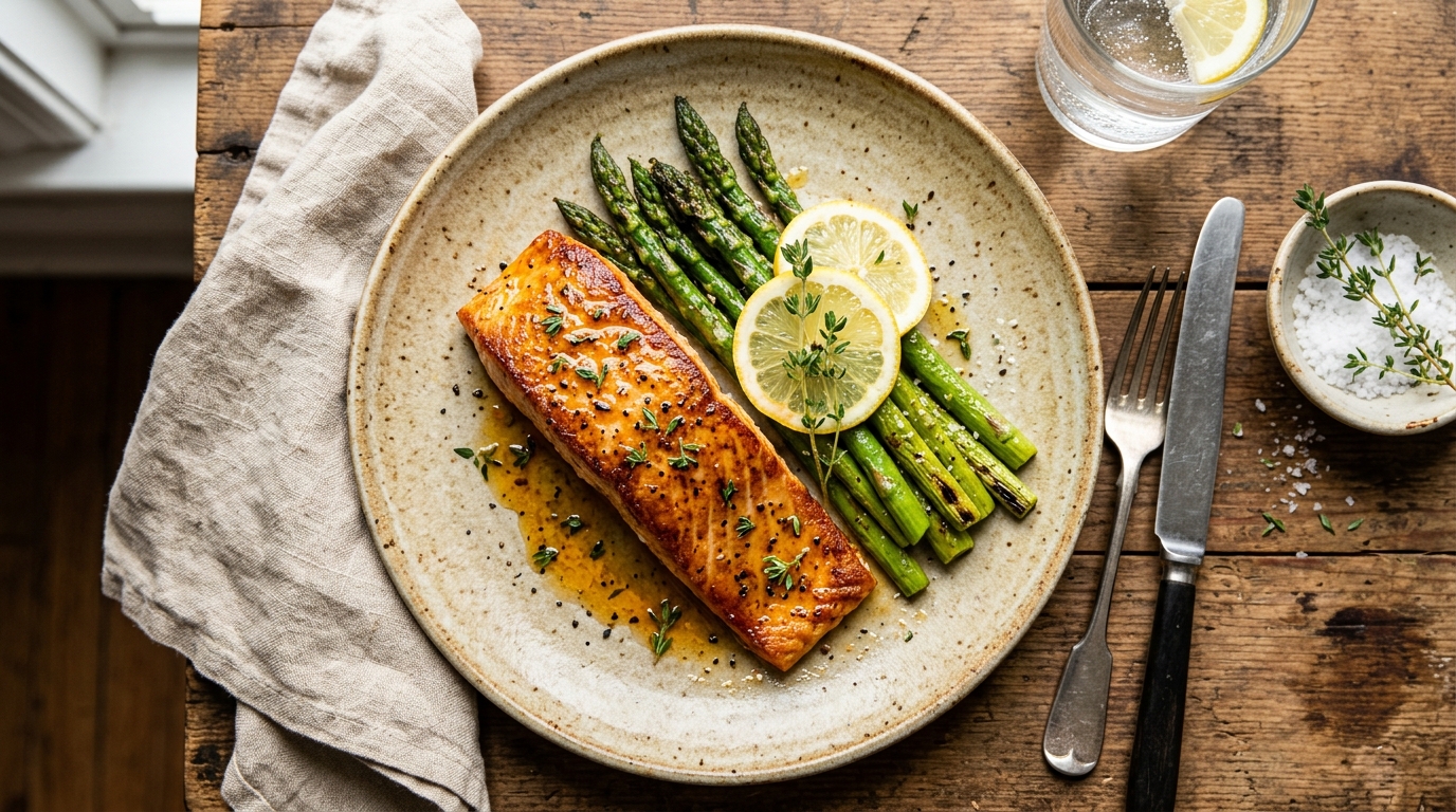 Salmón a la plancha con cítricos y espárragos trigueros